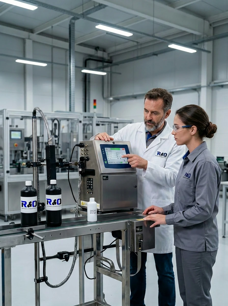 Instrutor R&O treinando operador em datador inkjet Domino na linha de produção